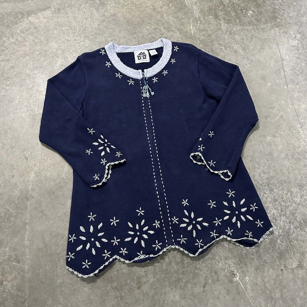 Storybook Knits Vintage Navy Blue Snowflake Embroidered Zip Cardigan Sweater